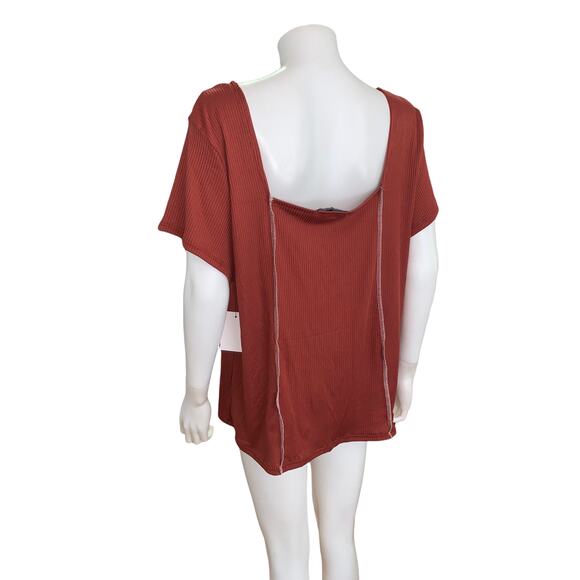 Vibe Sportswear Red Rust Ribbed Striped Square Neck Short Sleeve Top 3X NWT - Picture 2 of 4